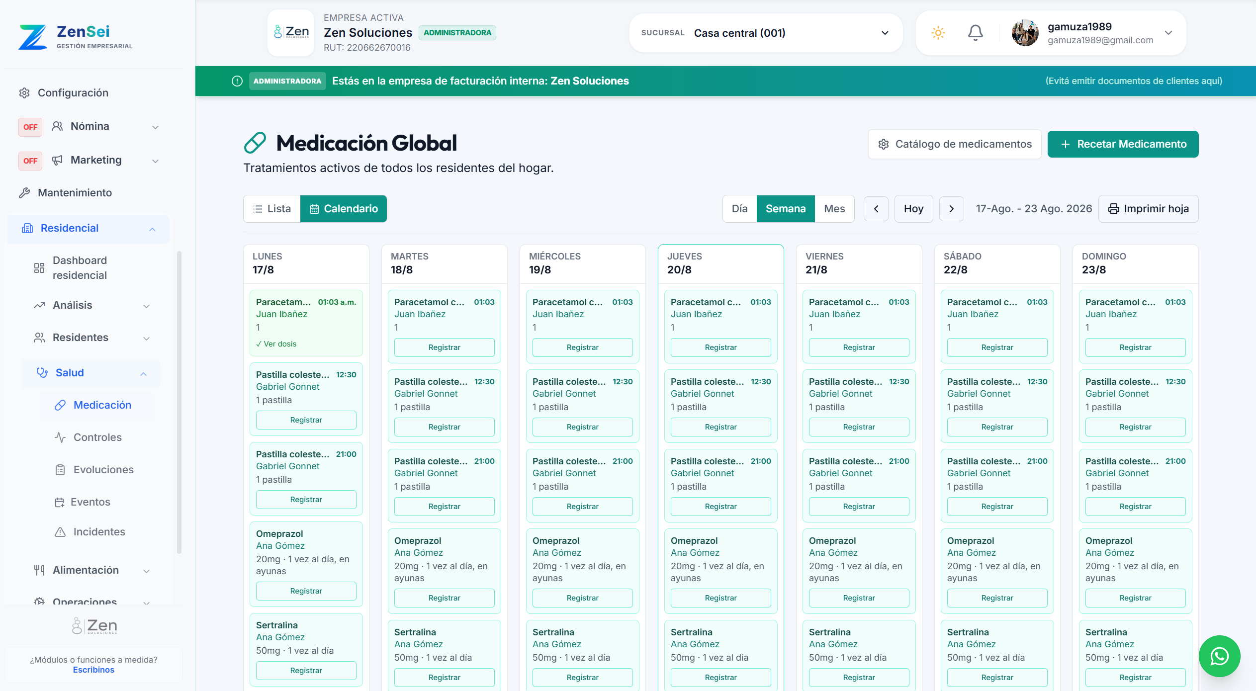 Calendario semanal de medicación global de ZenSei con dosis a registrar por residente